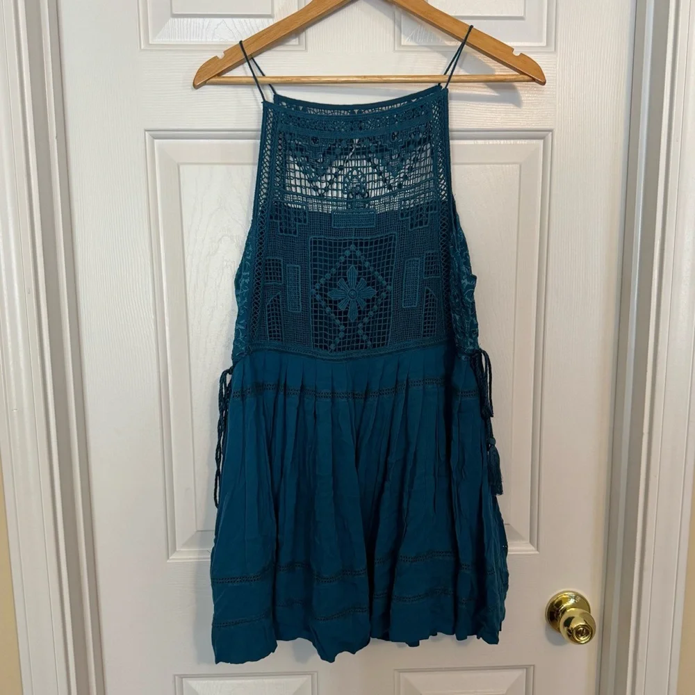 Free People Teal Crochet Bodice Mini Dress